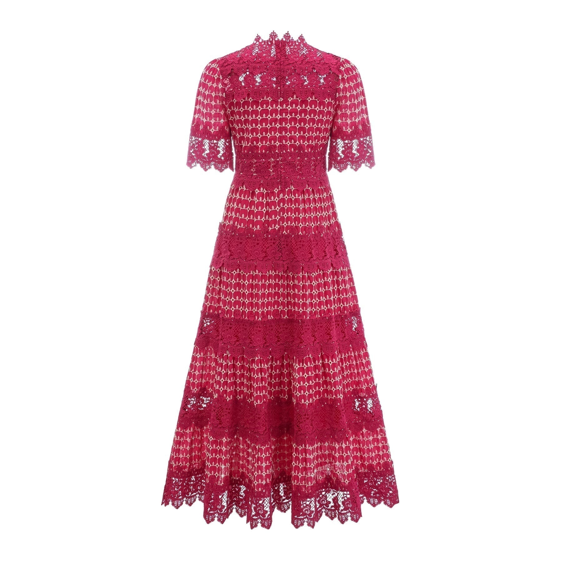 Liana Maxi Dress in Bold Red with Scallop Pattern & Lace Paneling