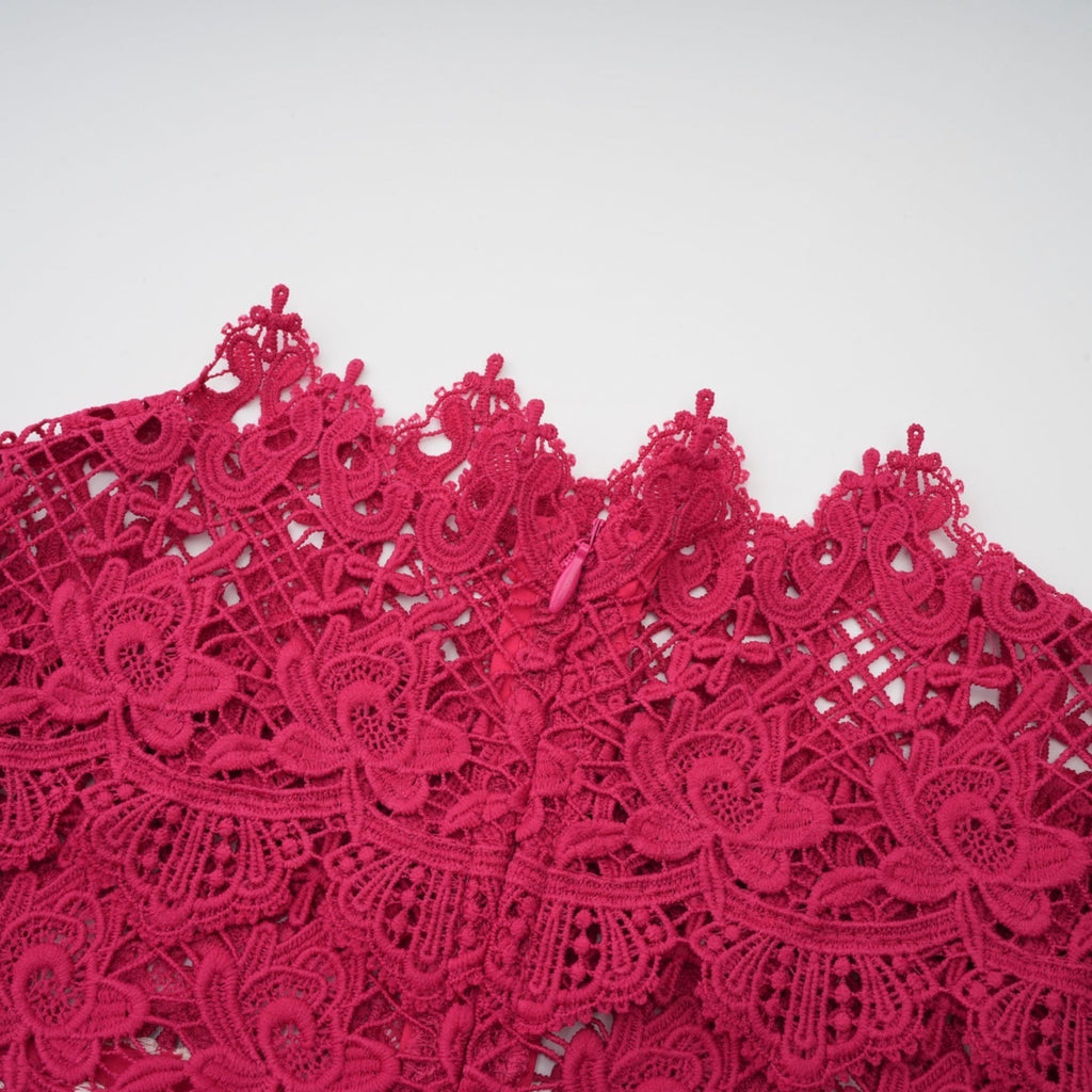 Liana Maxi Dress in Bold Red with Scallop Pattern & Lace Paneling