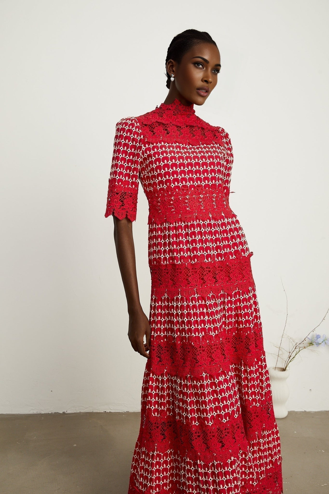 Liana Maxi Dress in Bold Red with Scallop Pattern & Lace Paneling
