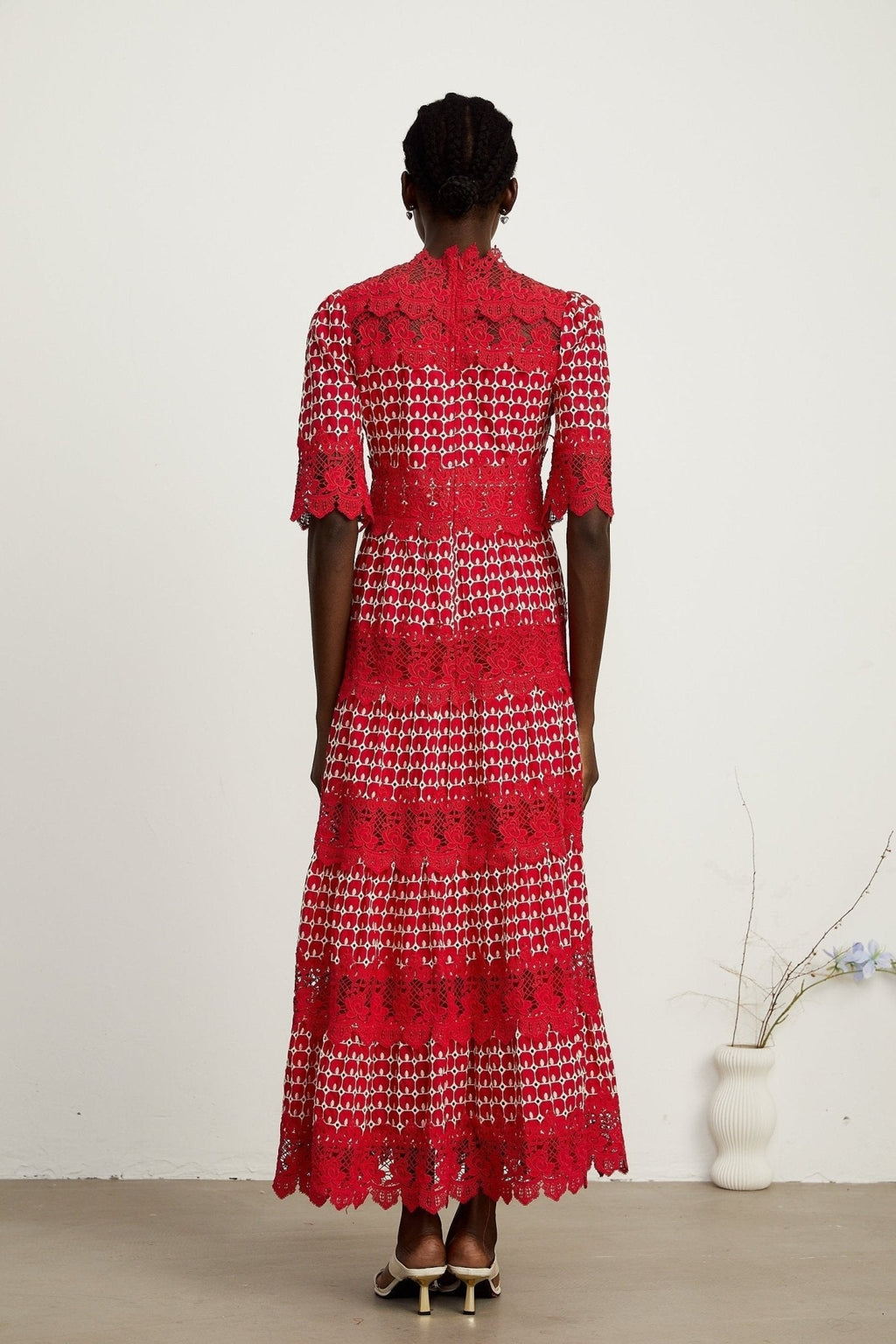 Liana Maxi Dress in Bold Red with Scallop Pattern & Lace Paneling