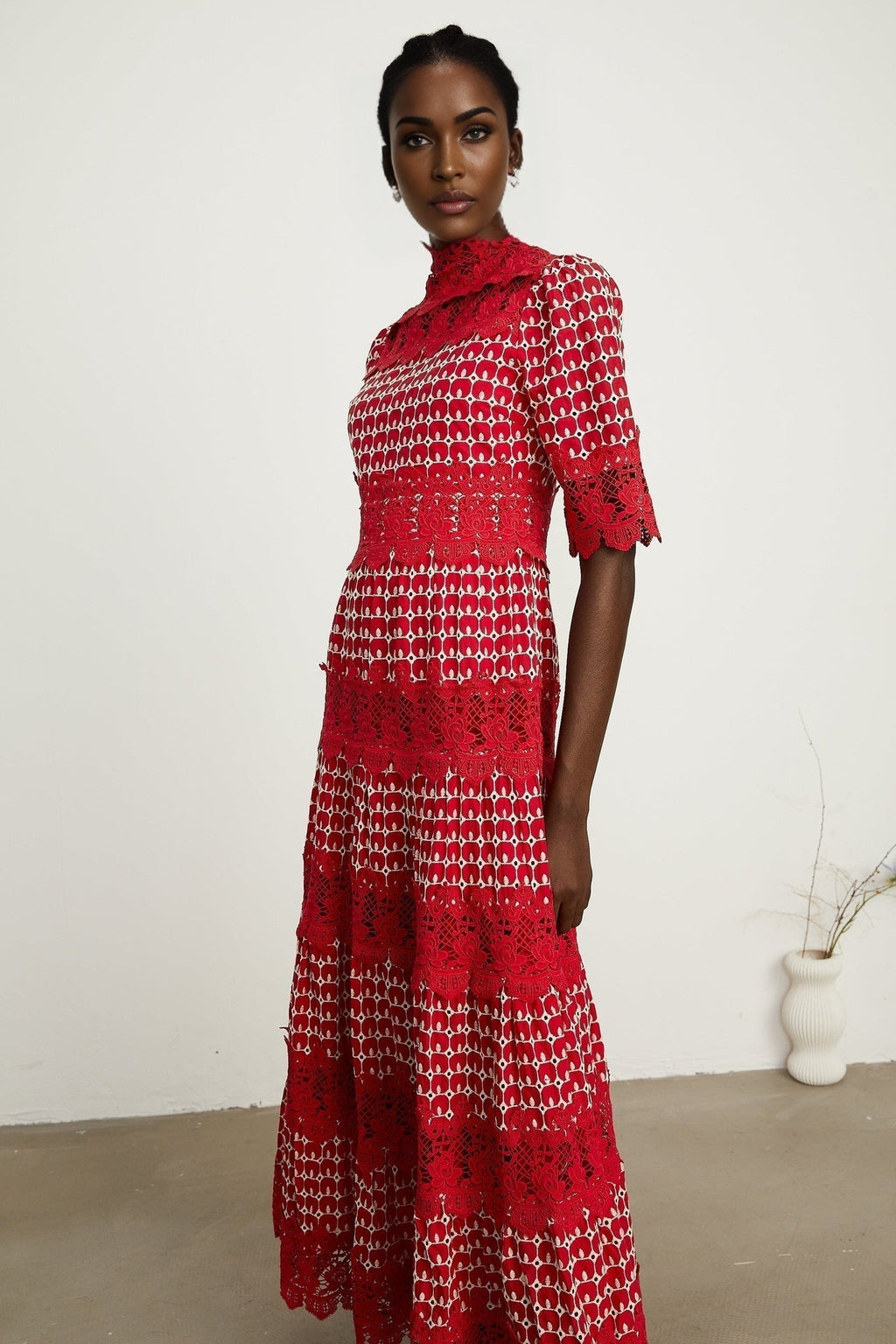 Liana Maxi Dress in Bold Red with Scallop Pattern & Lace Paneling