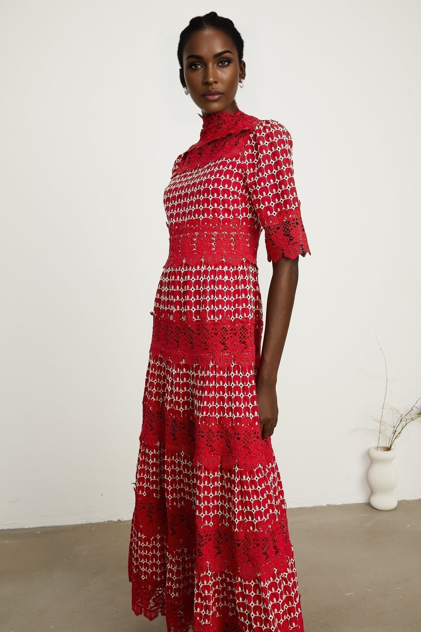 Liana Maxi Dress in Bold Red with Scallop Pattern & Lace Paneling