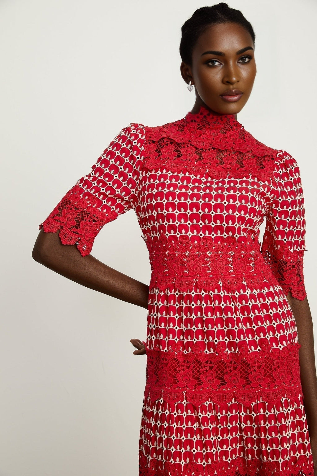 Liana Maxi Dress in Bold Red with Scallop Pattern & Lace Paneling