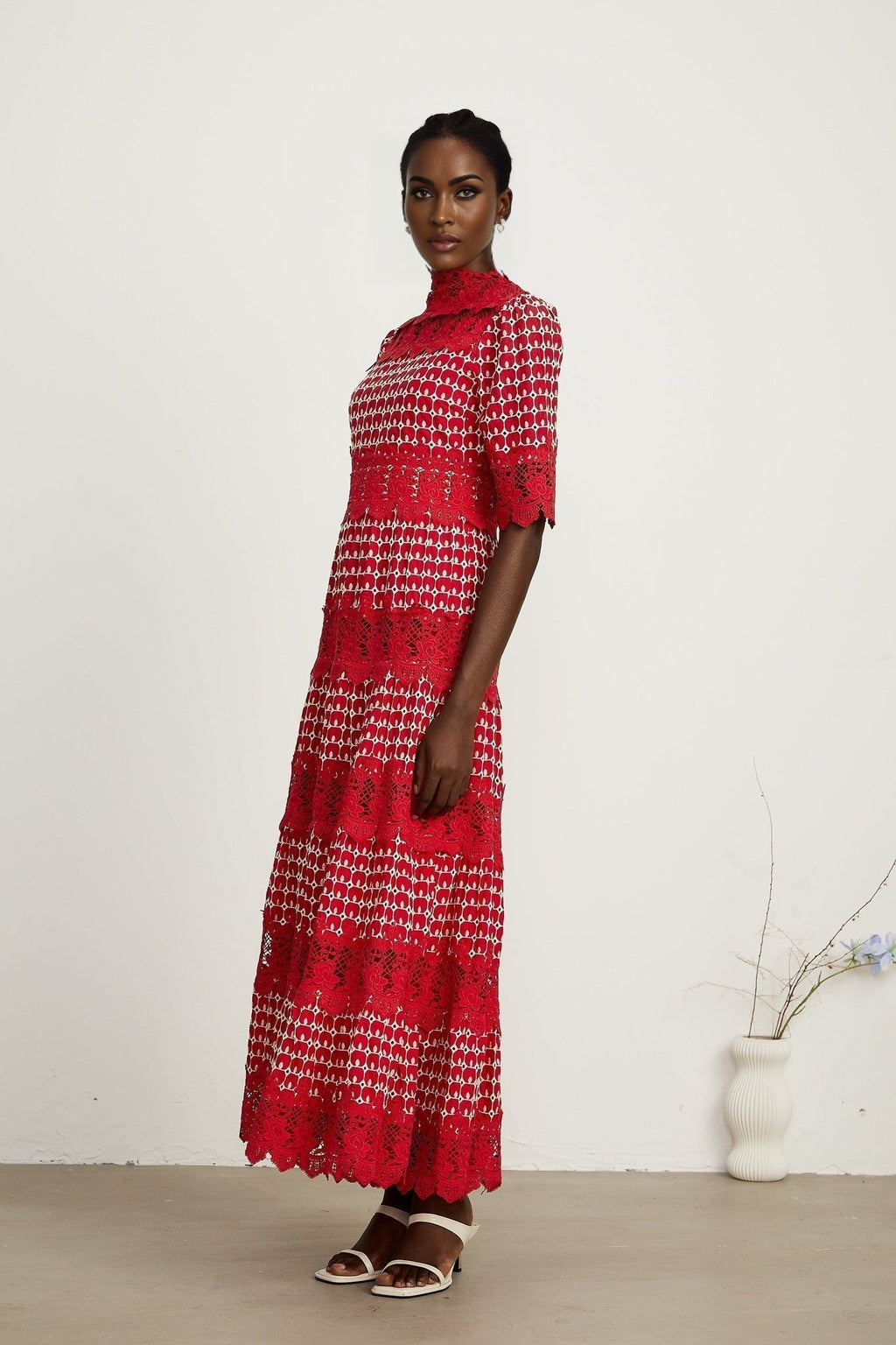 Liana Maxi Dress in Bold Red with Scallop Pattern & Lace Paneling
