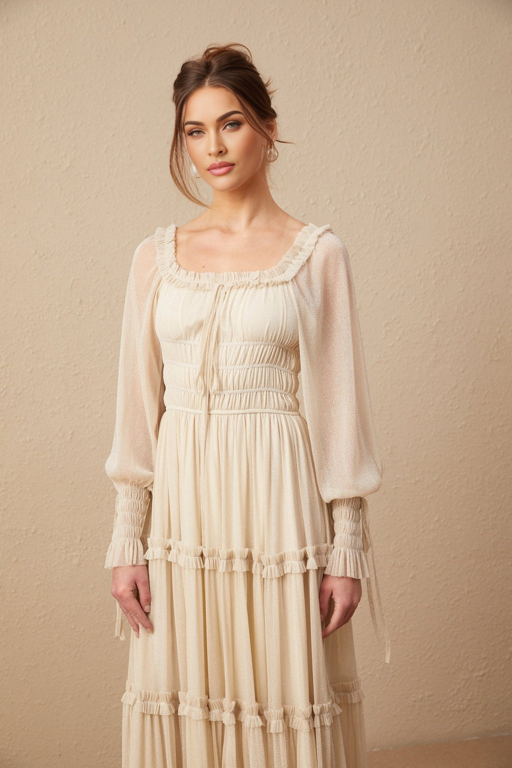 Liana Midi Dress with Metallic Threading and Tiered Design