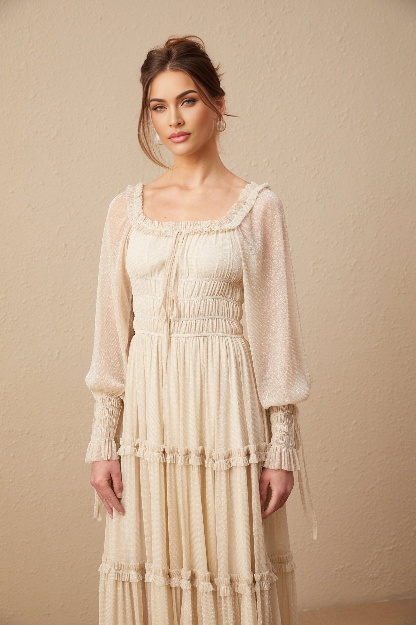 Liana Midi Dress with Metallic Threading and Tiered Design