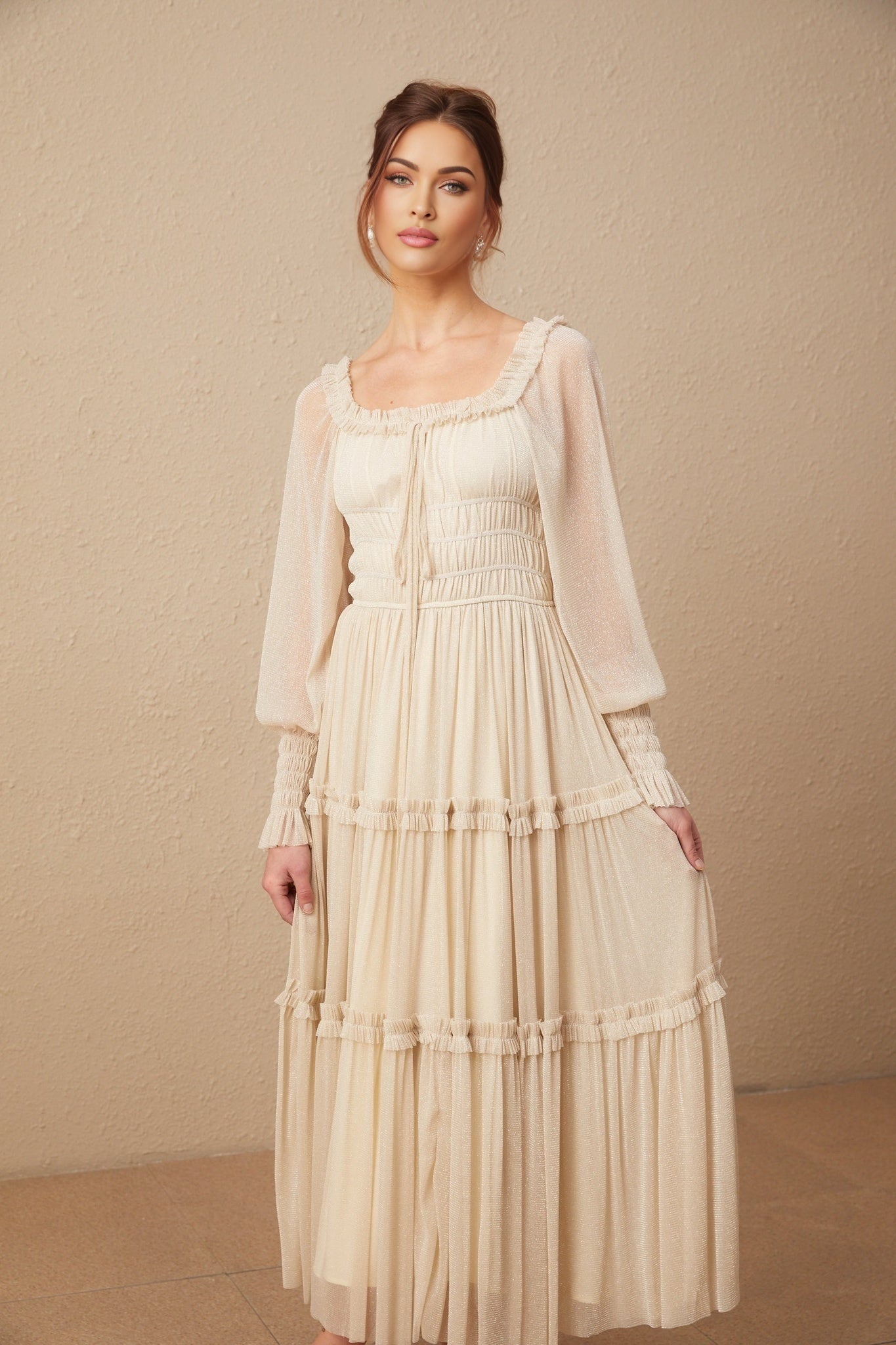 Liana Midi Dress with Metallic Threading and Tiered Design