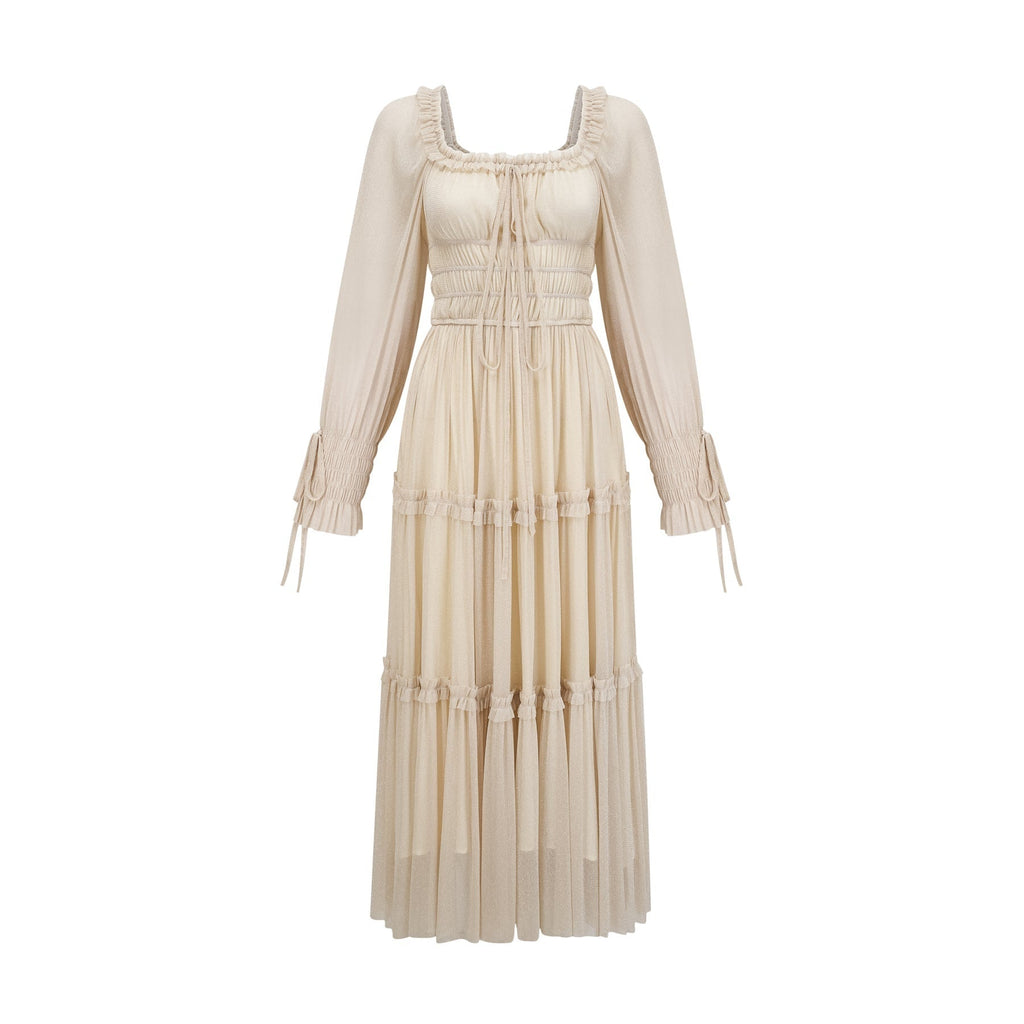Liana Midi Dress with Metallic Threading and Tiered Design