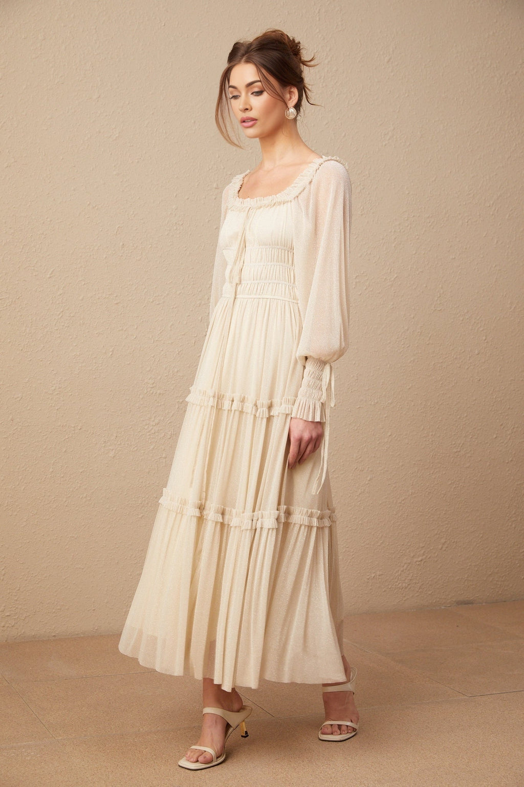 Liana Midi Dress with Metallic Threading and Tiered Design