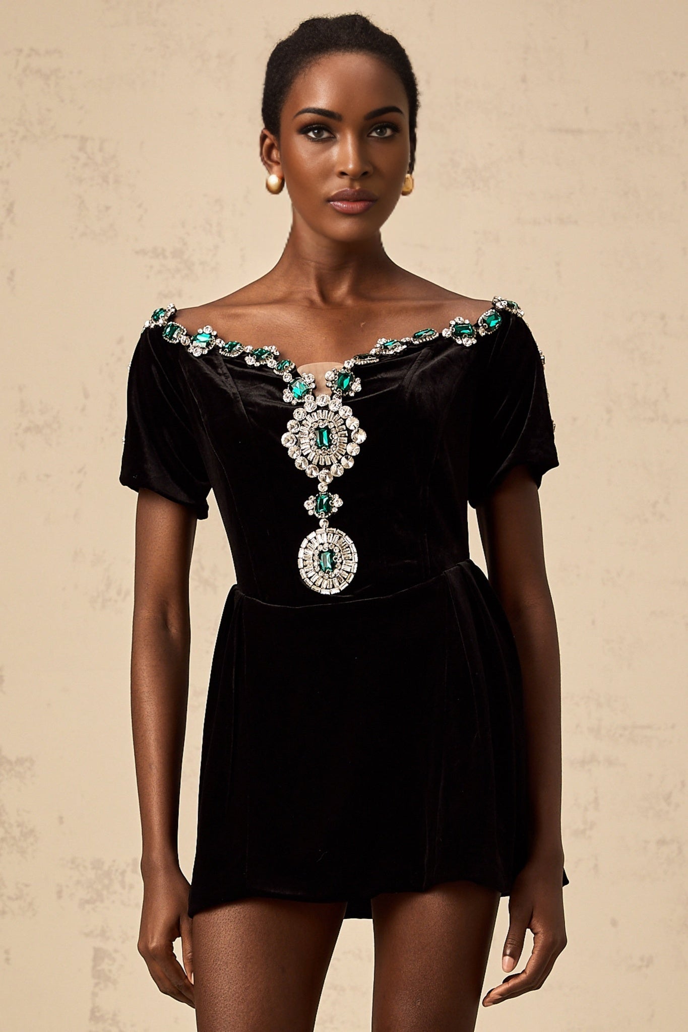 Liana Mini Dress Black Velvet Crystal Chic Style