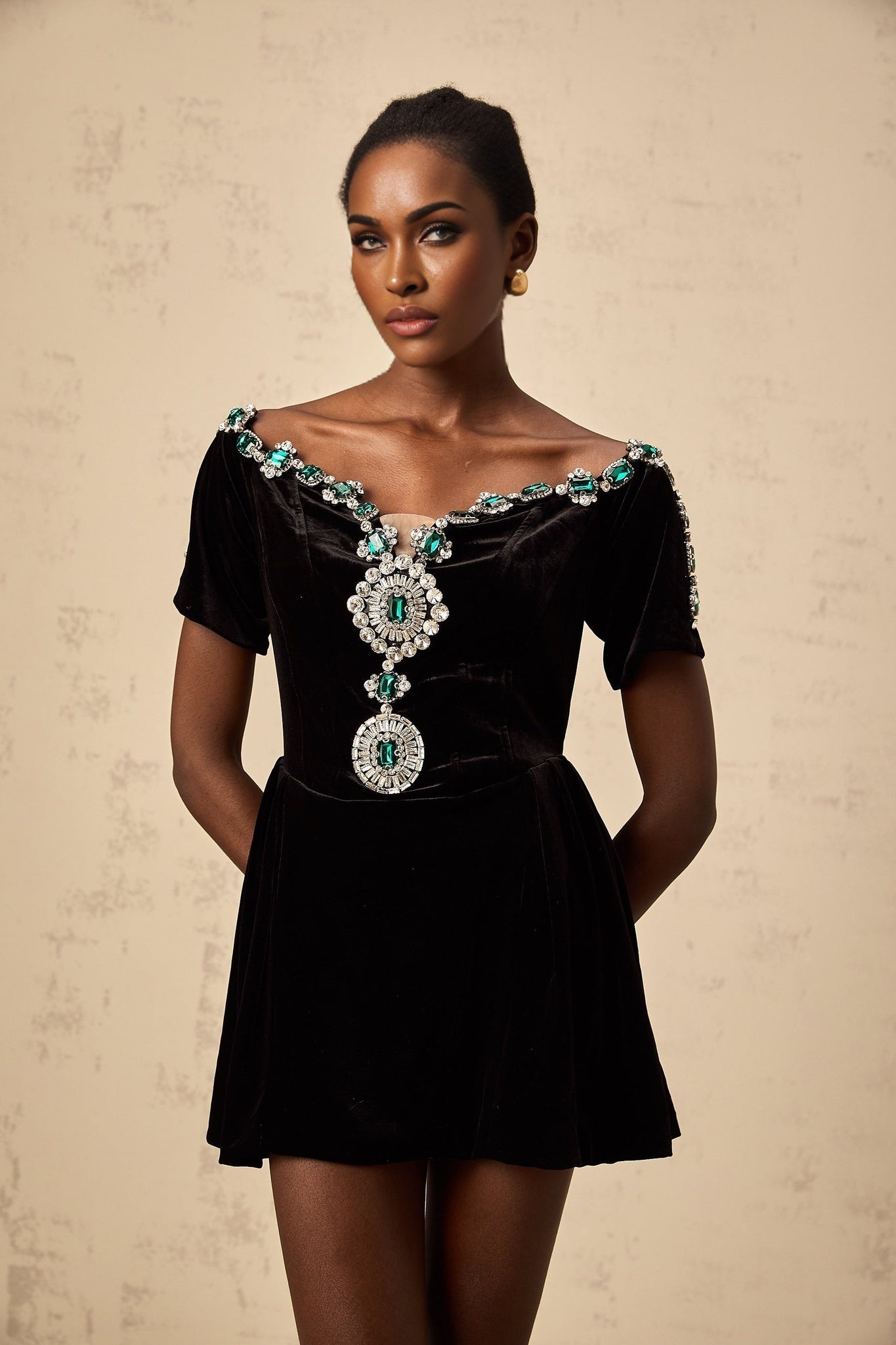 Liana Mini Dress - V - neck - Velvet - Off the shoulder - Crystal embellishment