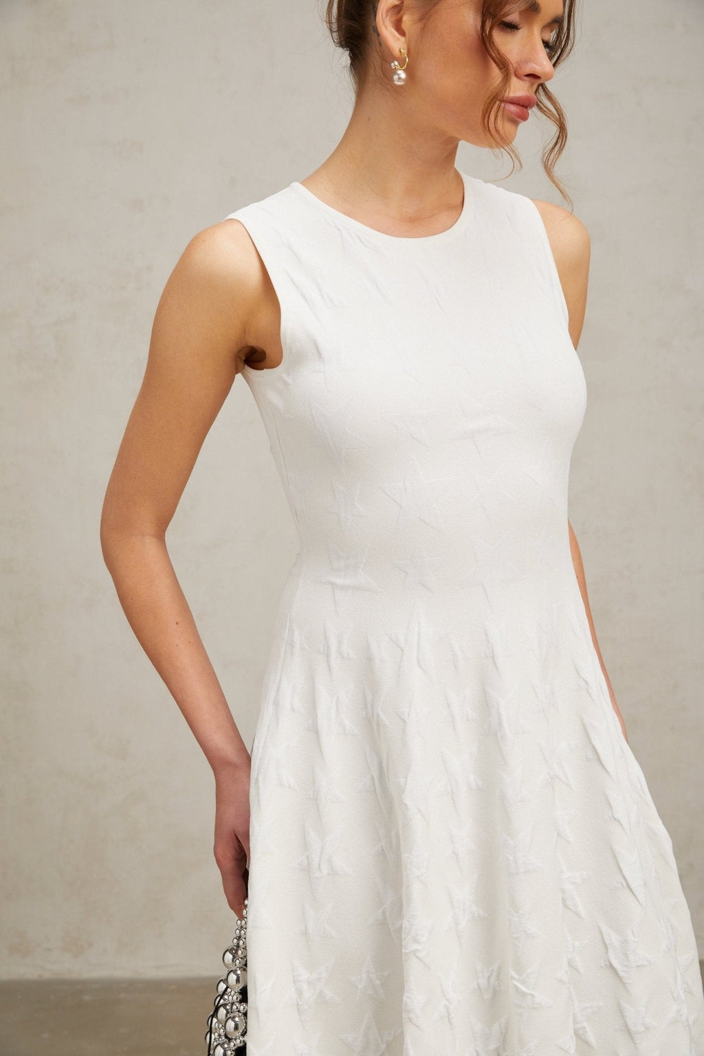 Liana Mini Dress White Star Knit Flare Hem Zip