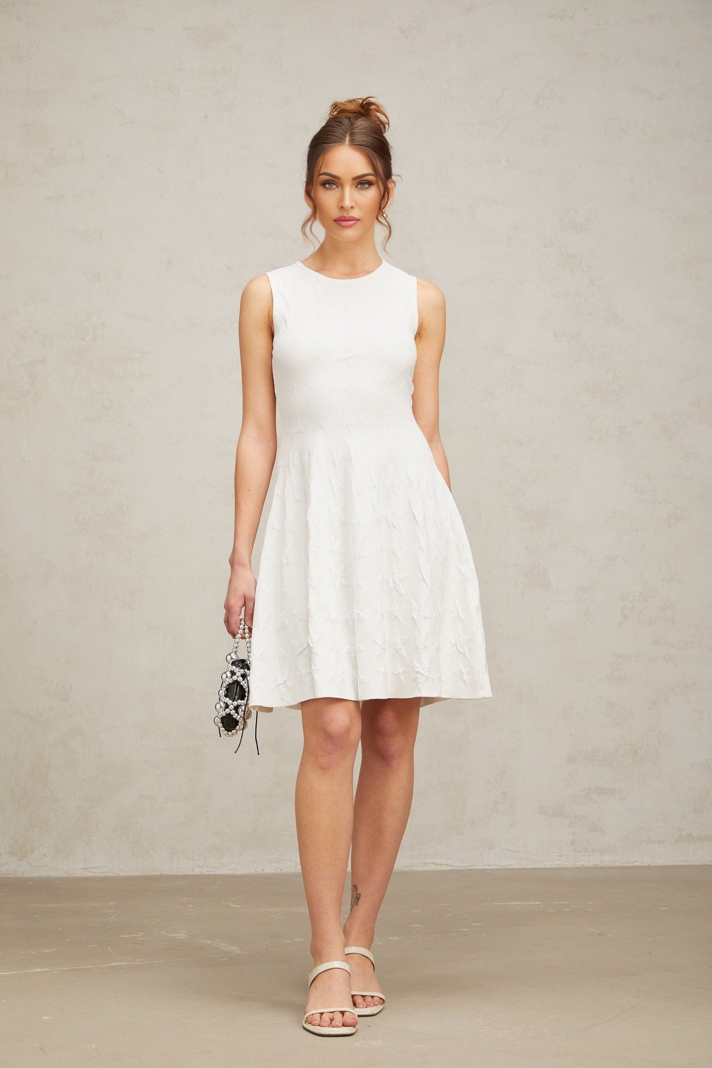 Liana Mini Dress White Star Knit Flare Hem Zip