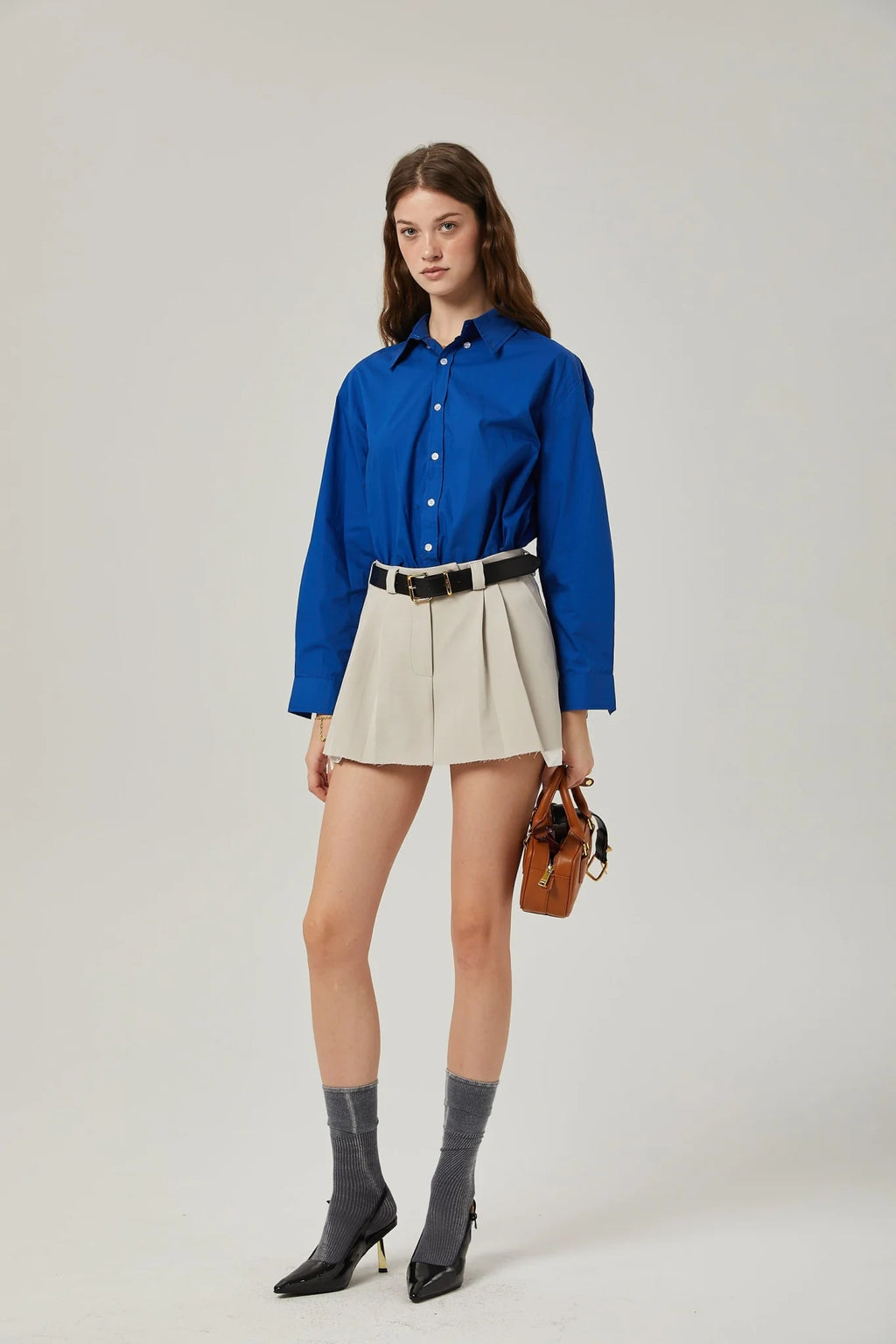 Liana Pleated Thigh Length Skirt - Neutrals Concealed Fastening