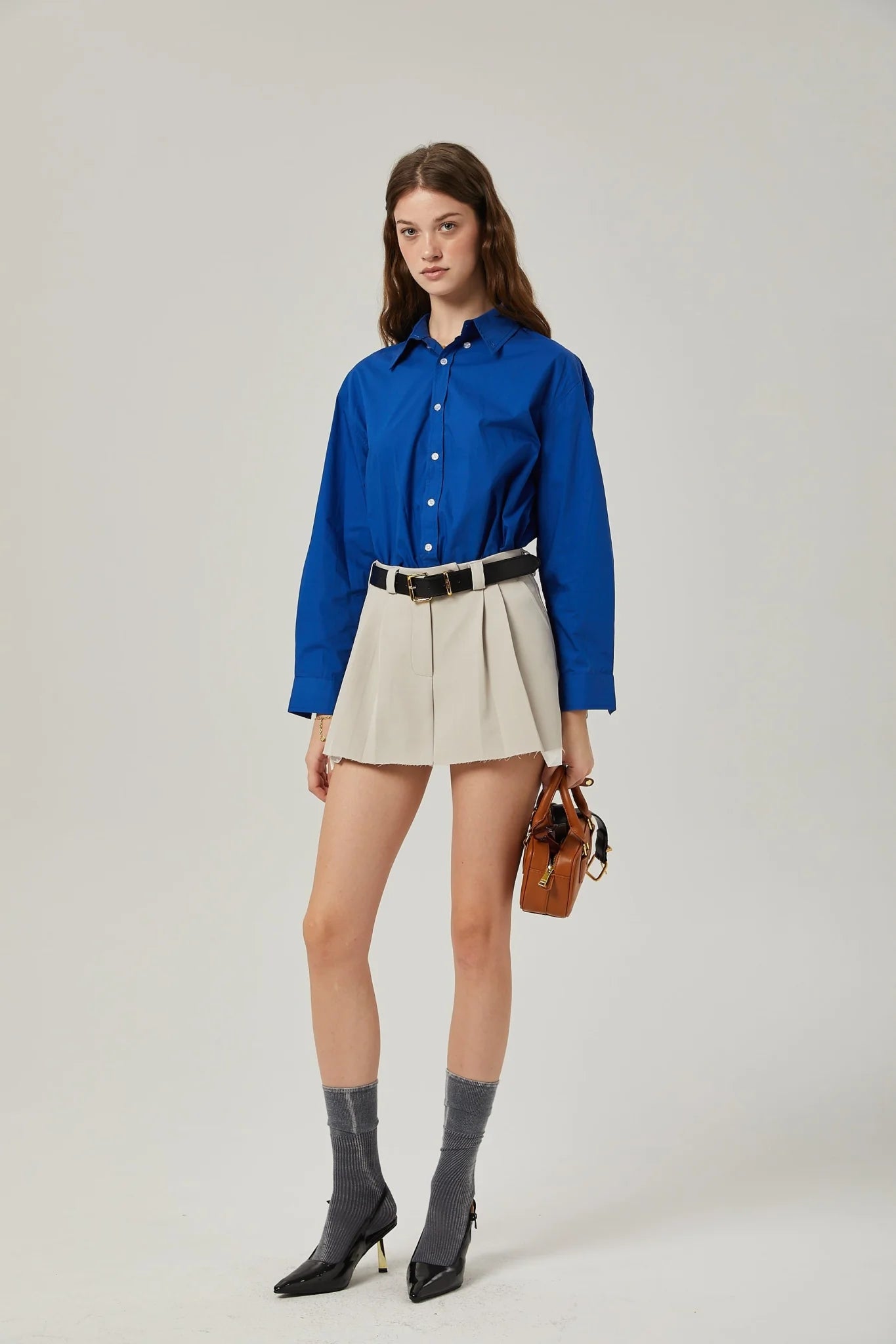 Liana Pleated Thigh Length Skirt - Neutrals Concealed Fastening