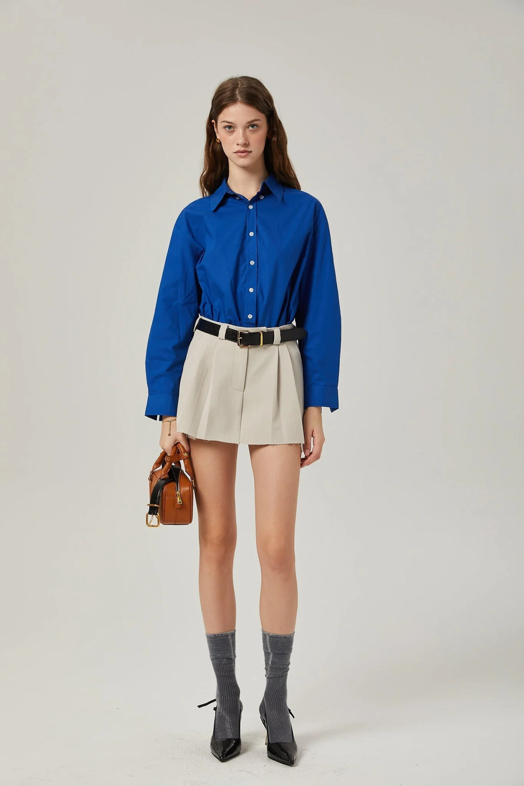 Liana Pleated Thigh Length Skirt - Neutrals Concealed Fastening