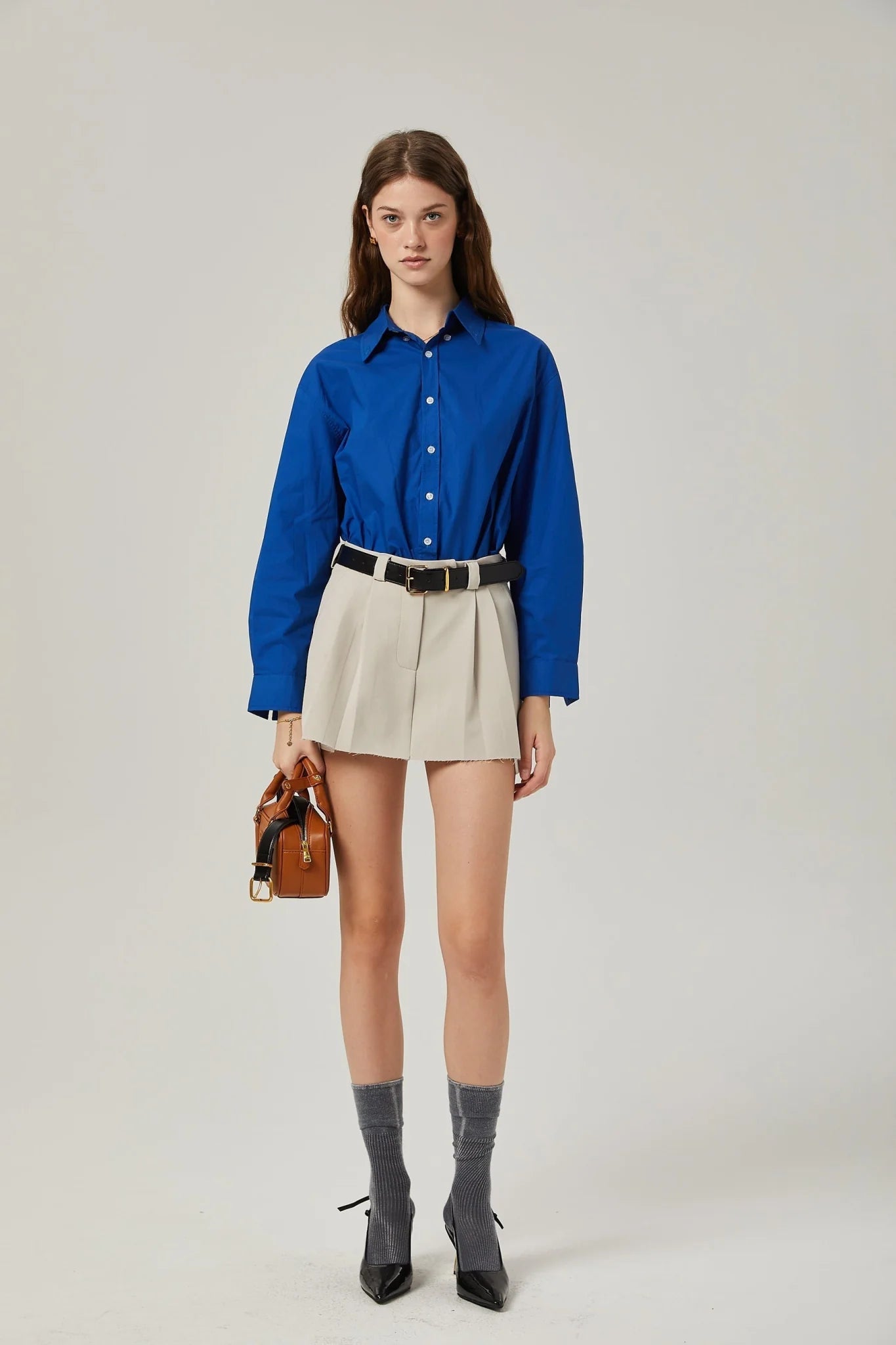 Liana Pleated Thigh Length Skirt - Neutrals Concealed Fastening