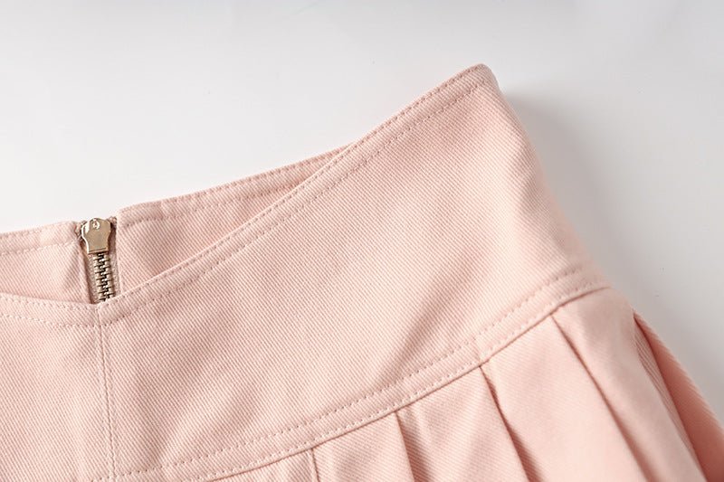 Liana Skirt - High - Waisted A - Line - Double - Breasted Buttons - Flared Hem - Structured Pleats - Gold - Tone Details