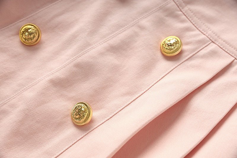 Liana Skirt - High - Waisted A - Line - Double - Breasted Buttons - Flared Hem - Structured Pleats - Gold - Tone Details
