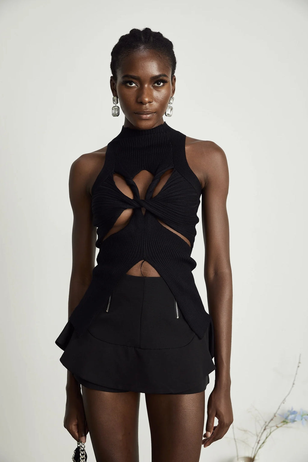 Liana Top Liana Twist Detail High Neck Sleeveless Black Ribbed