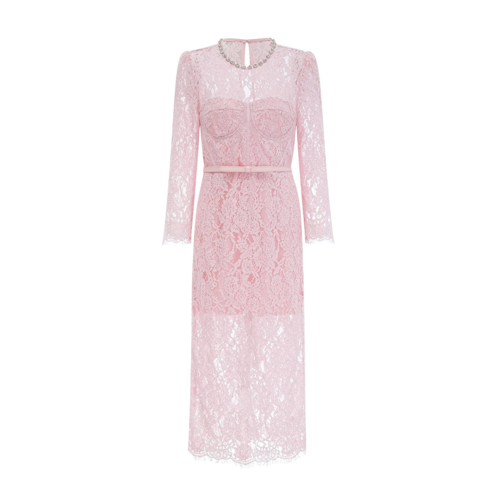 Licia Floral Midi Dress in Vibrant Pink with Lace Overlay & Crystal Embellishments