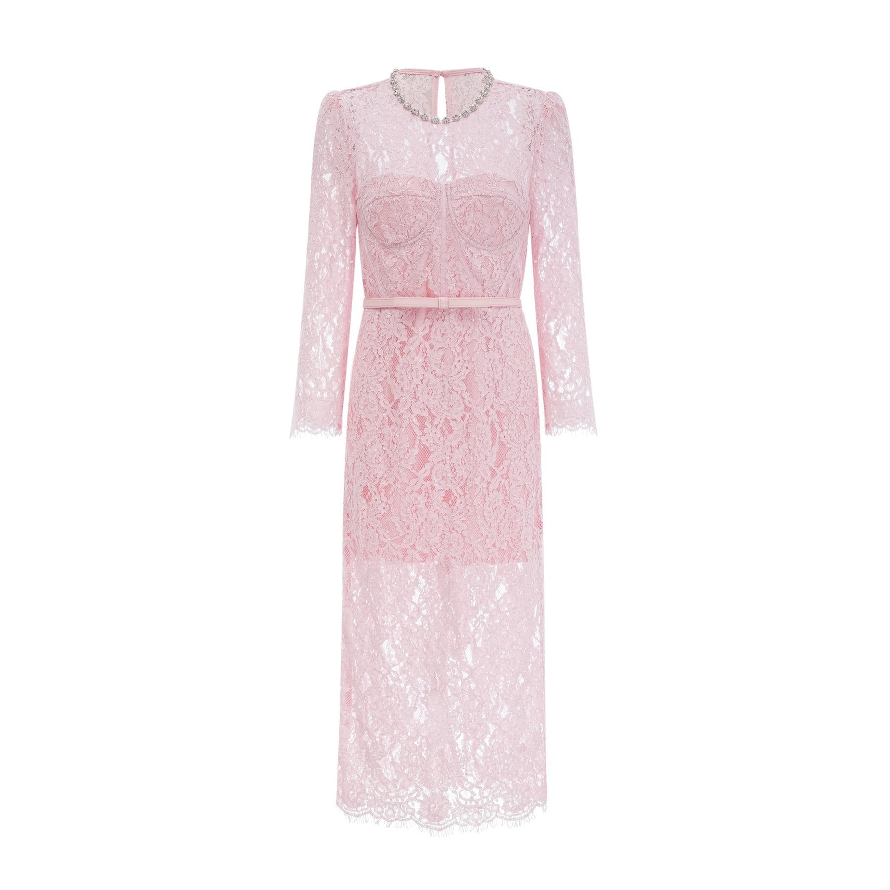 Licia Floral Midi Dress in Vibrant Pink with Lace Overlay & Crystal Embellishments