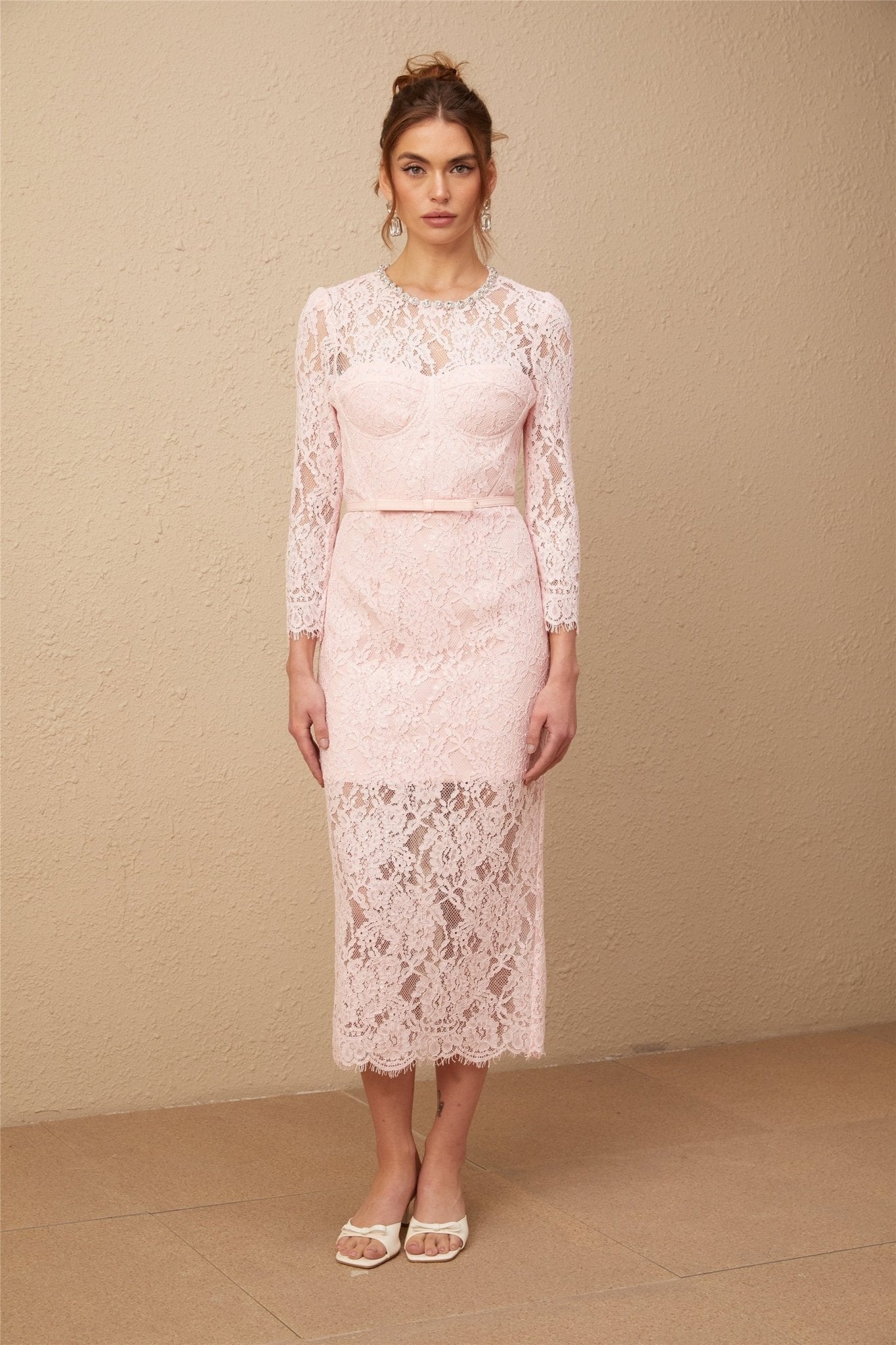 Licia Floral Midi Dress in Vibrant Pink with Lace Overlay & Crystal Embellishments