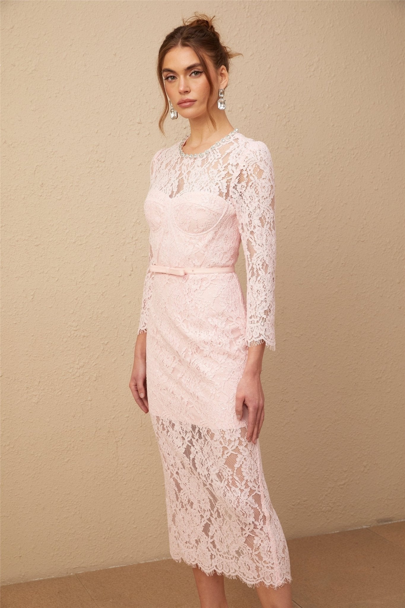 Licia Floral Midi Dress in Vibrant Pink with Lace Overlay & Crystal Embellishments