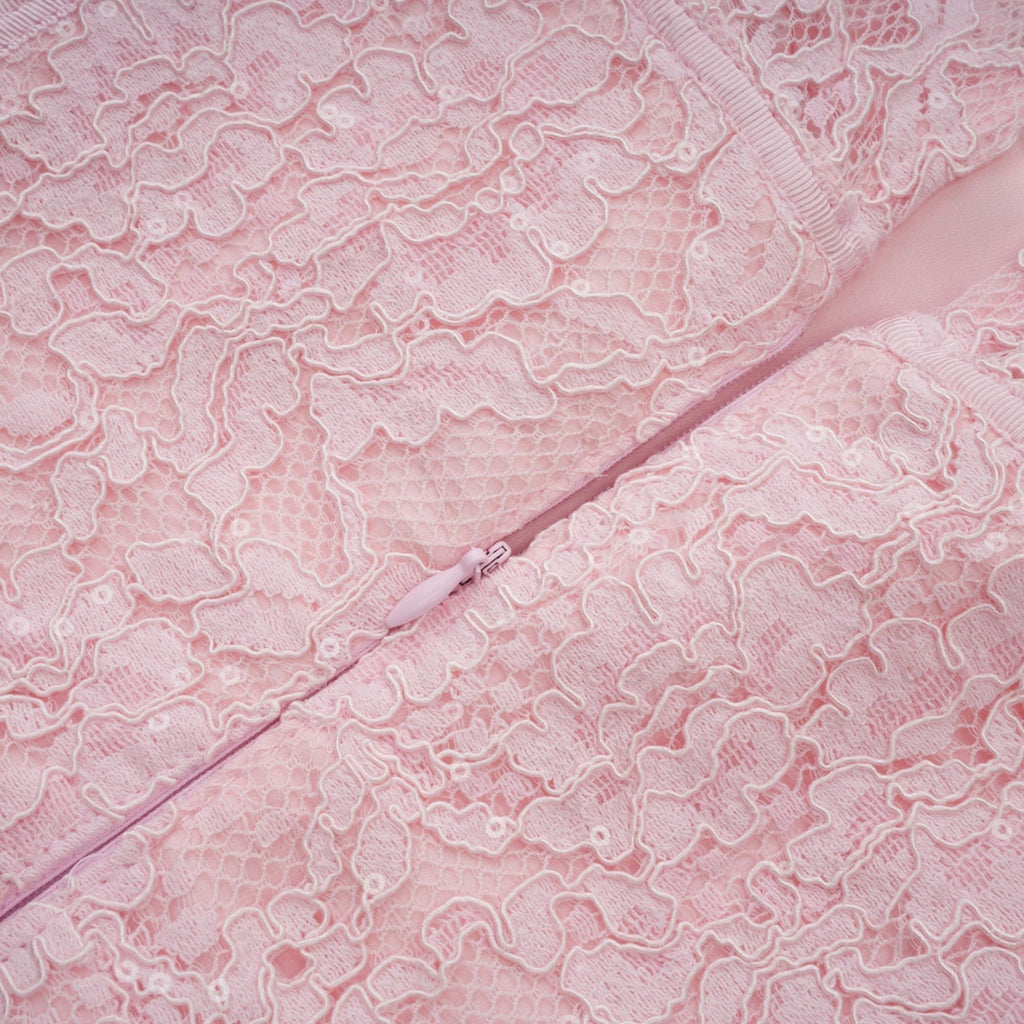 Licia Floral Midi Dress in Vibrant Pink with Lace Overlay & Crystal Embellishments