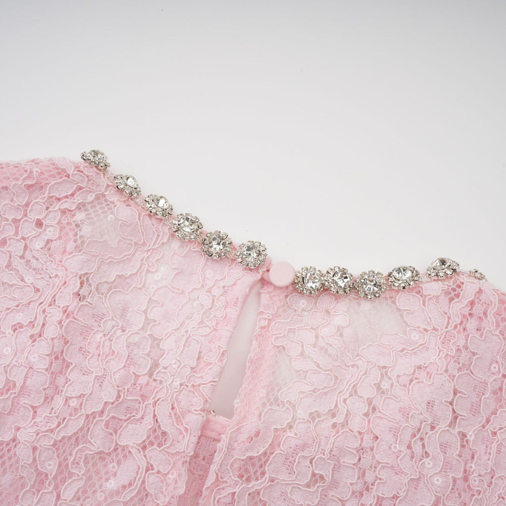 Licia Floral Midi Dress in Vibrant Pink with Lace Overlay & Crystal Embellishments