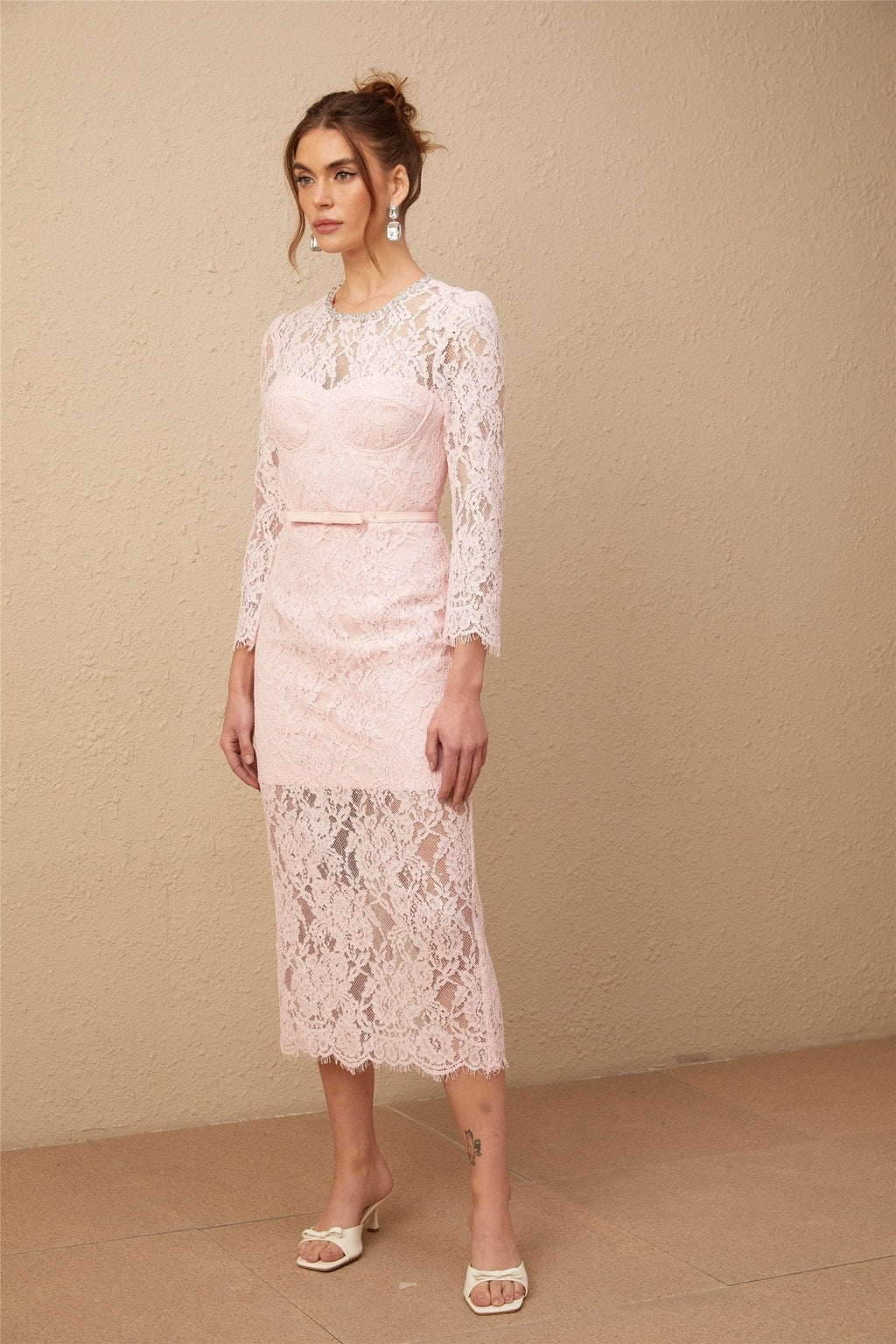 Licia Floral Midi Dress in Vibrant Pink with Lace Overlay & Crystal Embellishments
