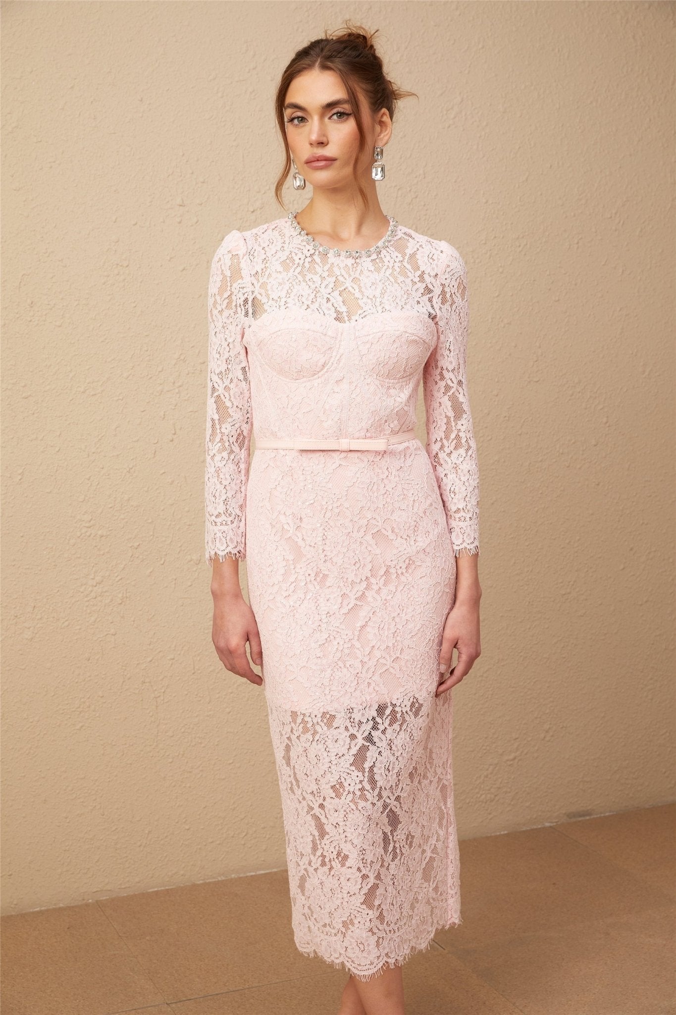 Licia Floral Midi Dress in Vibrant Pink with Lace Overlay & Crystal Embellishments