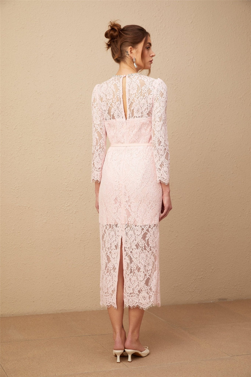Licia Floral Midi Dress in Vibrant Pink with Lace Overlay & Crystal Embellishments