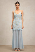 Licia Light Blue Lace Maxi Dress Elegant Sophisticated Halter Neckline Floral Chiffon Overlay Wedding Formal Event Night Out Grace Confidence