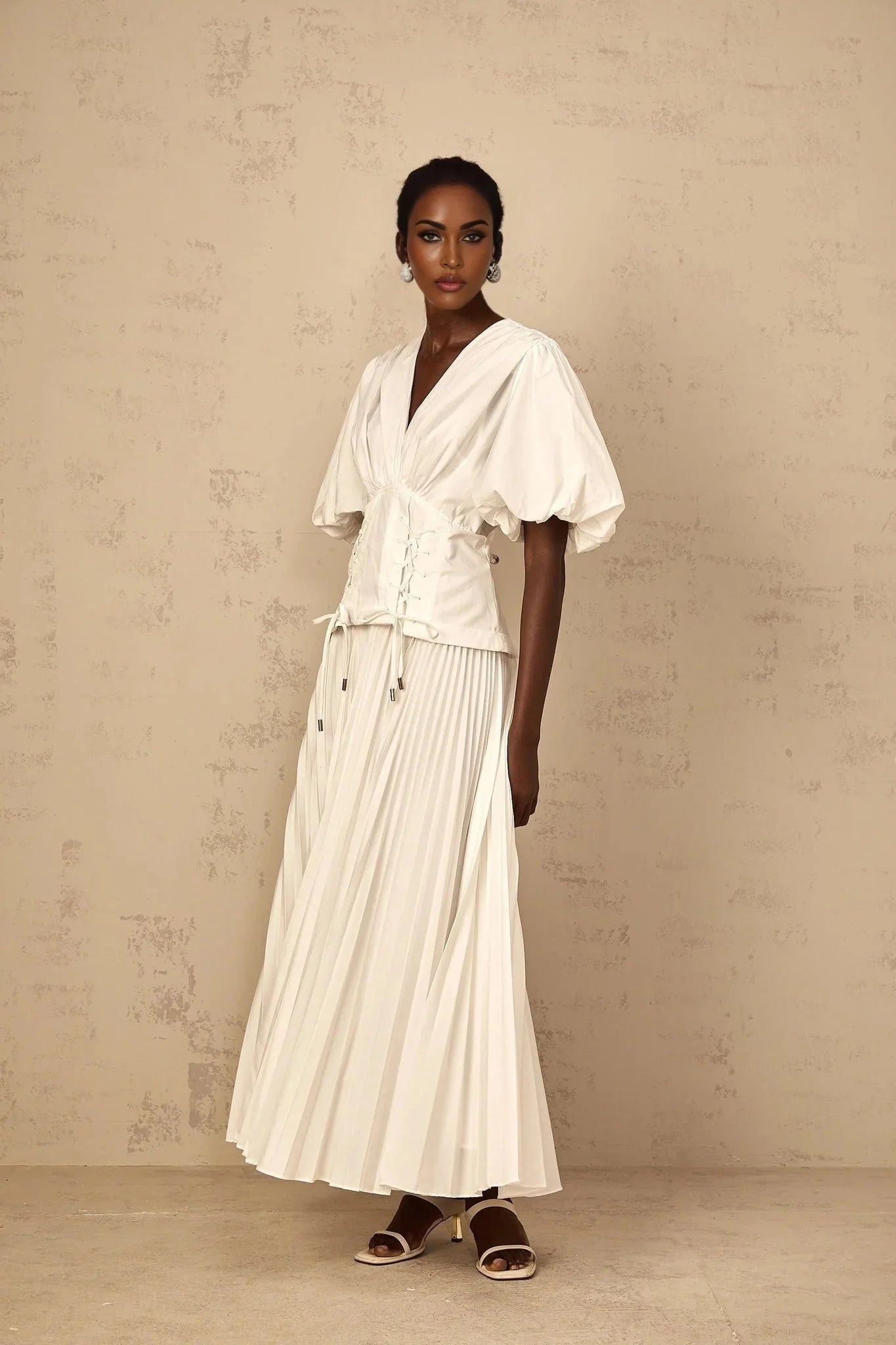 Licia Maxi Dress White Lace - Up Pleated & Puff Sleeves