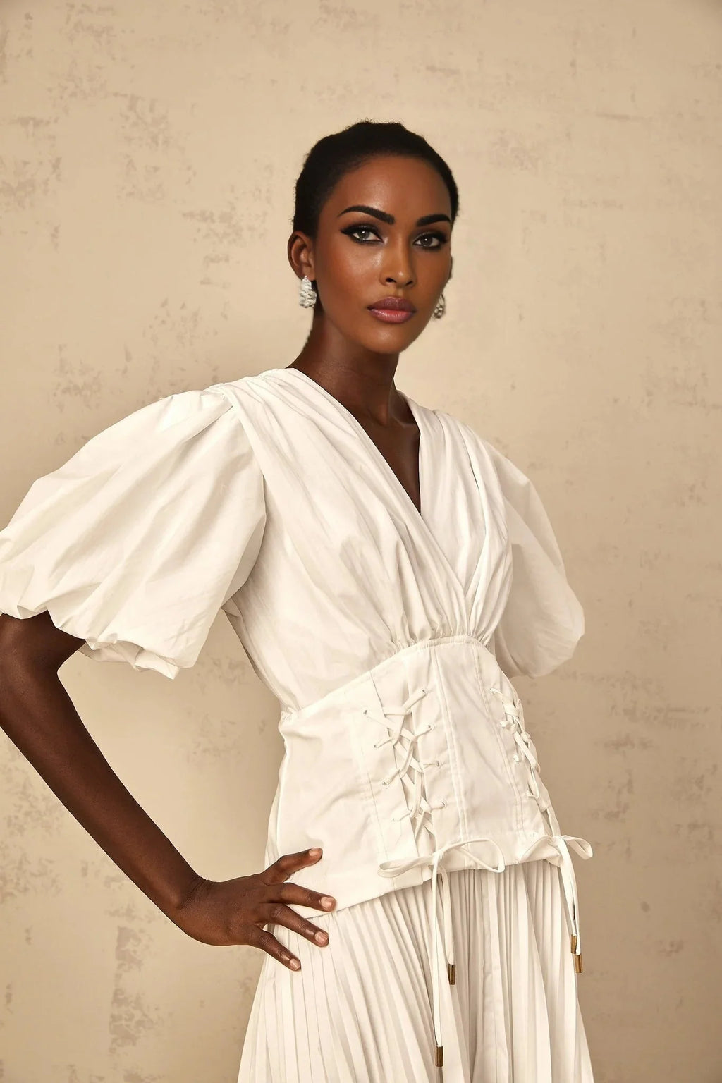 Licia Maxi Dress White Lace - Up Pleated & Puff Sleeves