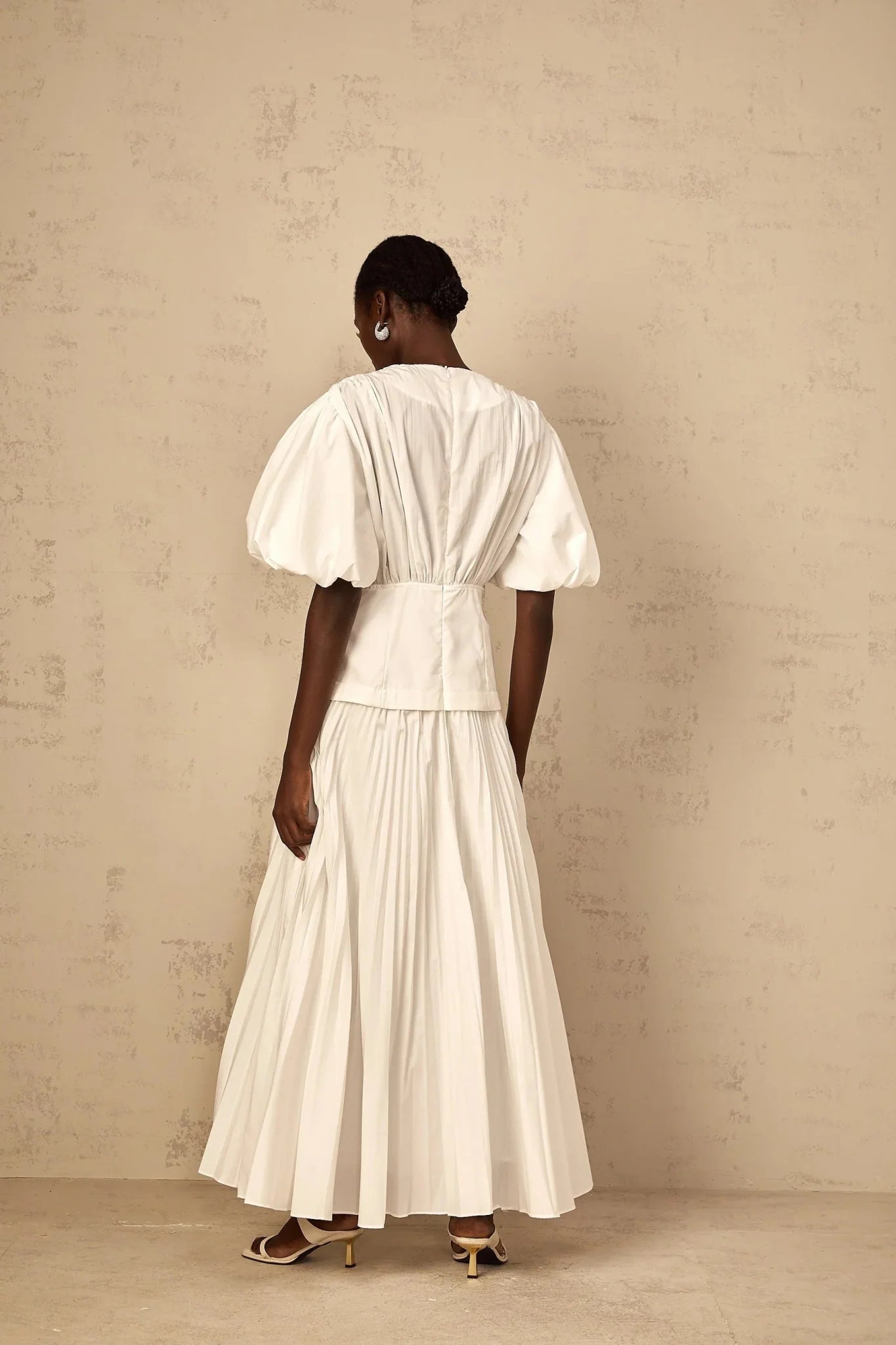 Licia Maxi Dress White Lace - Up Pleated & Puff Sleeves
