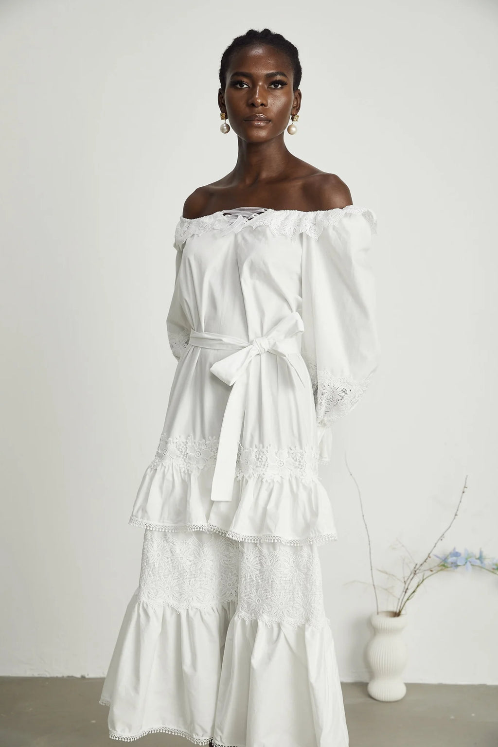Licia Midi Dress White Lace Trim Cut Out Design & Flounce Hem