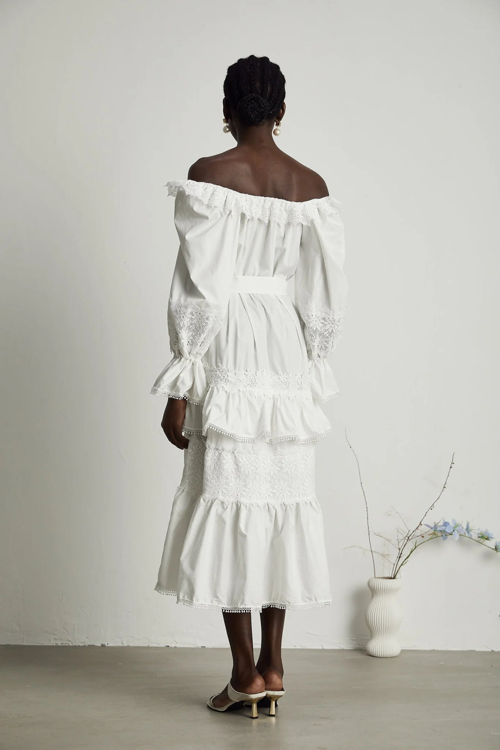 Licia Midi Dress White Lace Trim Cut Out Design & Flounce Hem