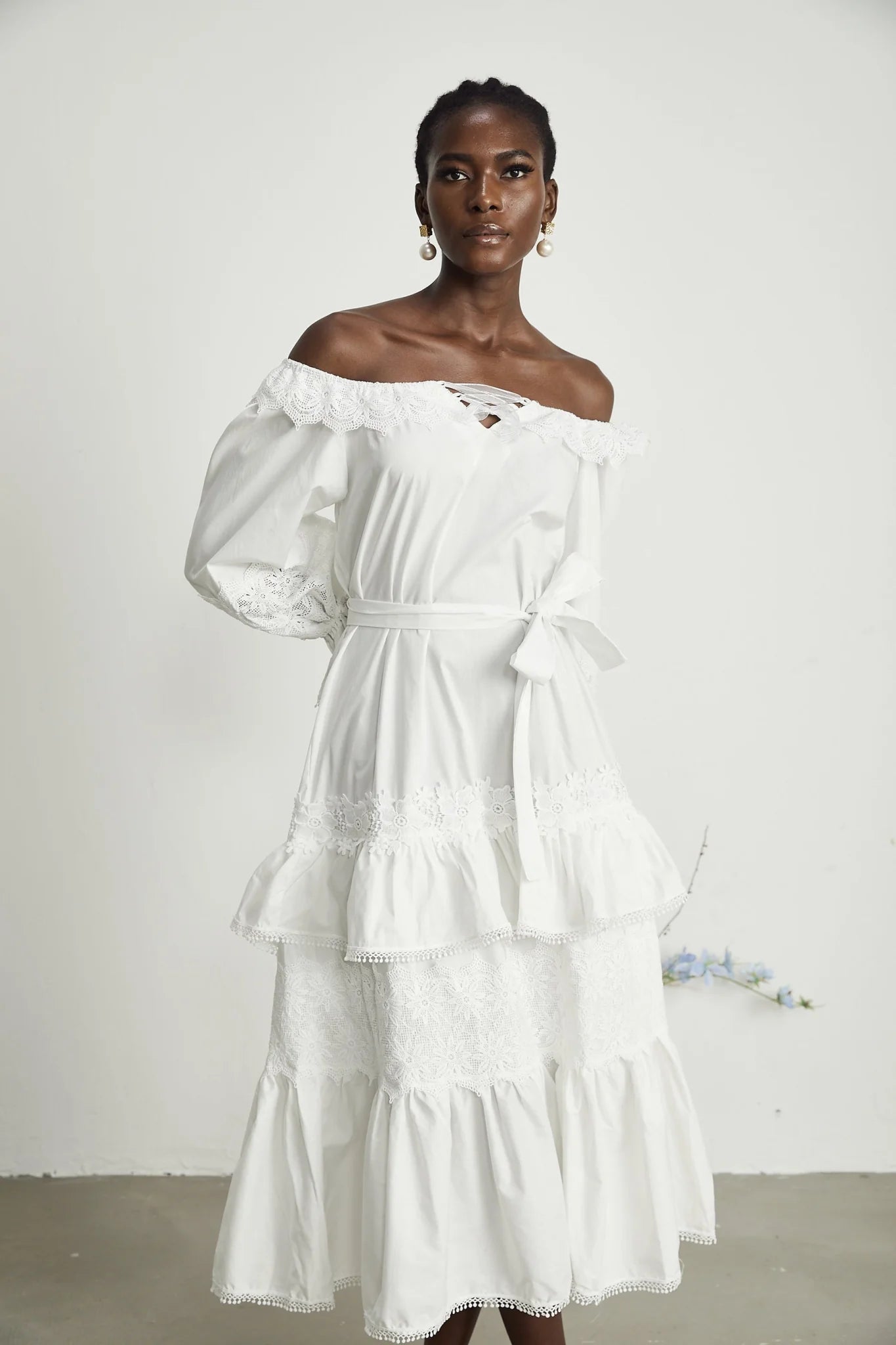Licia Midi Dress White Lace Trim Cut Out Design & Flounce Hem