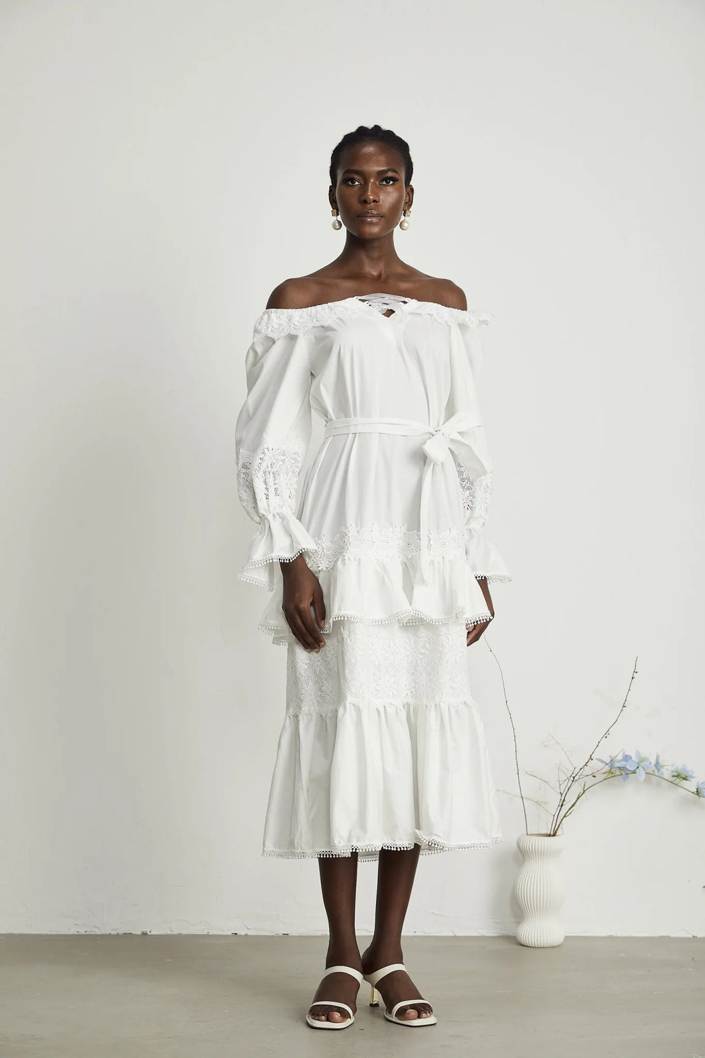 Licia Midi Dress White Lace Trim Cut Out Design & Flounce Hem