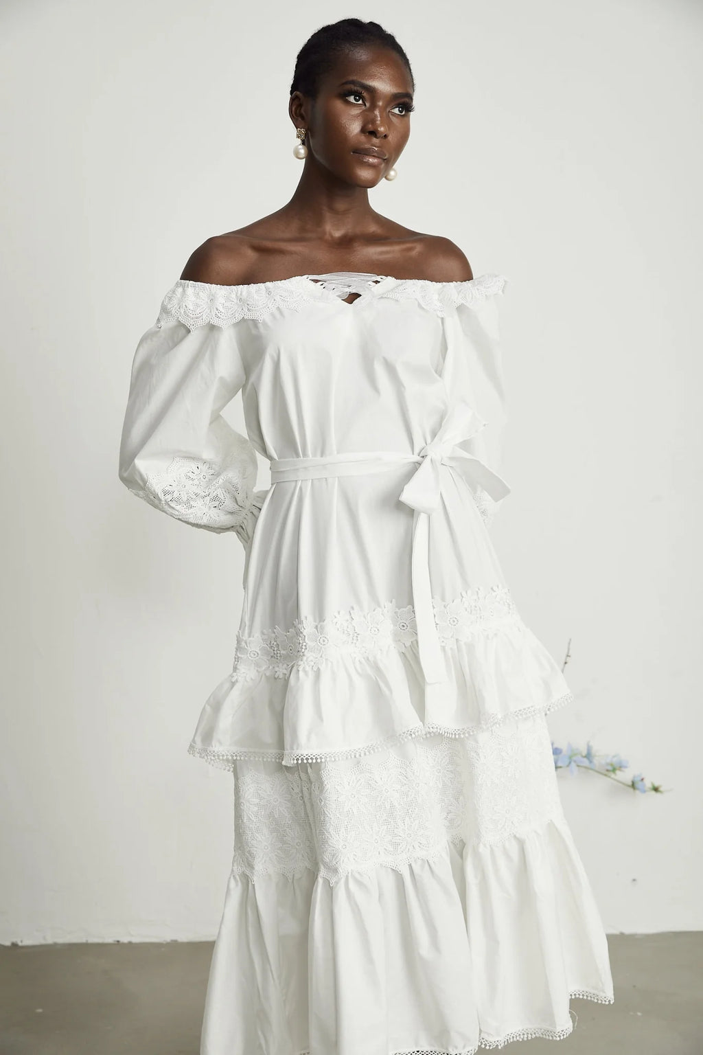 Licia Midi Dress White Lace Trim Cut Out Design & Flounce Hem
