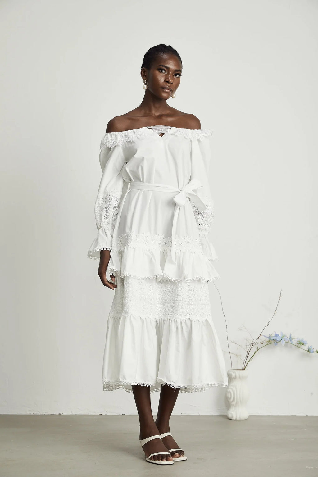 Licia Midi Dress White Lace Trim Cut Out Design & Flounce Hem