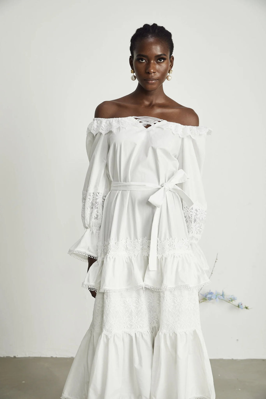 Licia Midi Dress White Lace Trim Cut Out Design & Flounce Hem