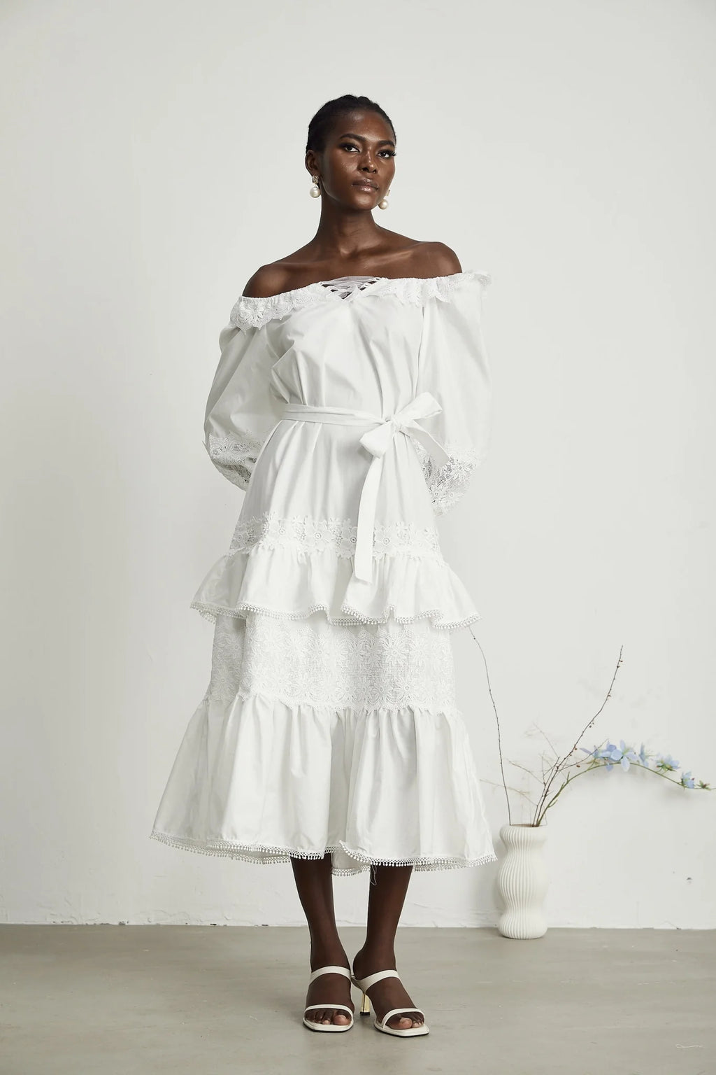 Licia Midi Dress White Lace Trim Cut Out Design & Flounce Hem