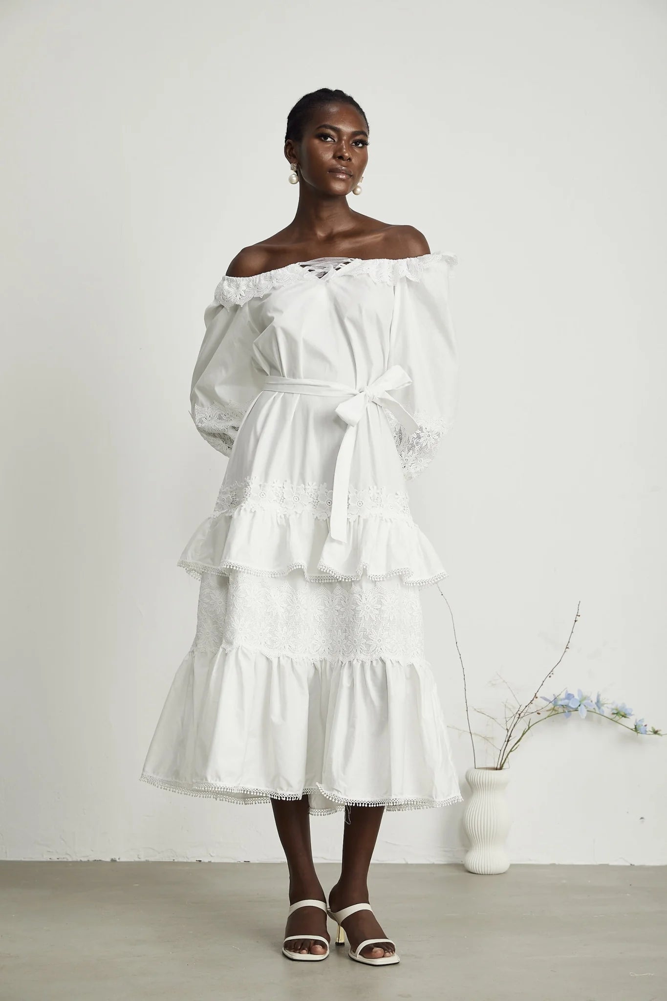 Licia Midi Dress White Lace Trim Cut Out Design & Flounce Hem