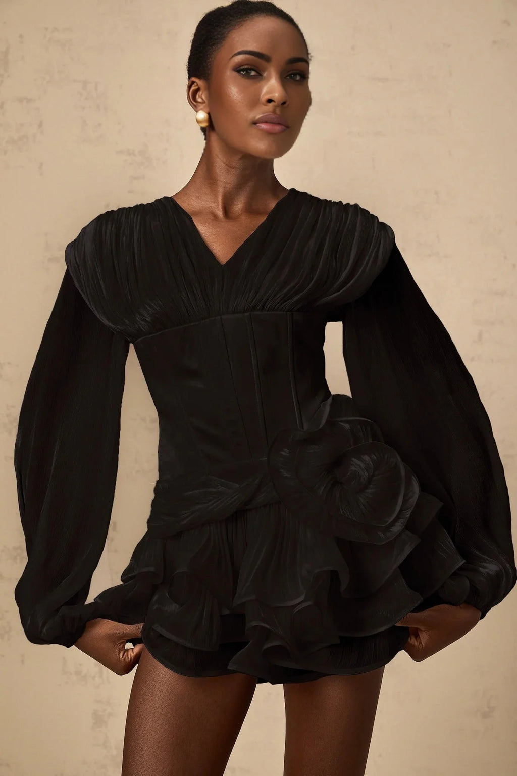 Licia Mini Dress Black Floral Lantern Sleeves Ruffled Glitter & Pleated