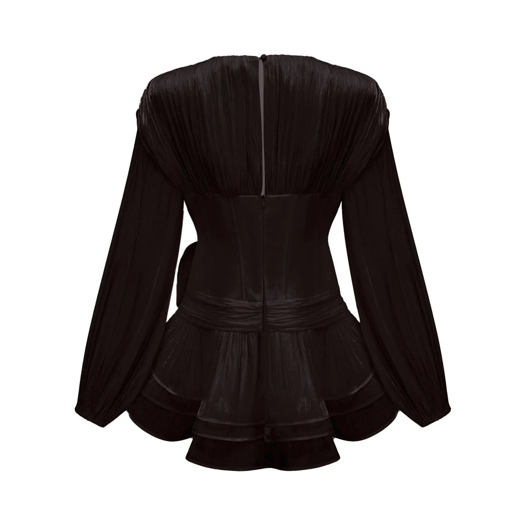 Licia Mini Dress Black Floral Lantern Sleeves Ruffled Glitter & Pleated
