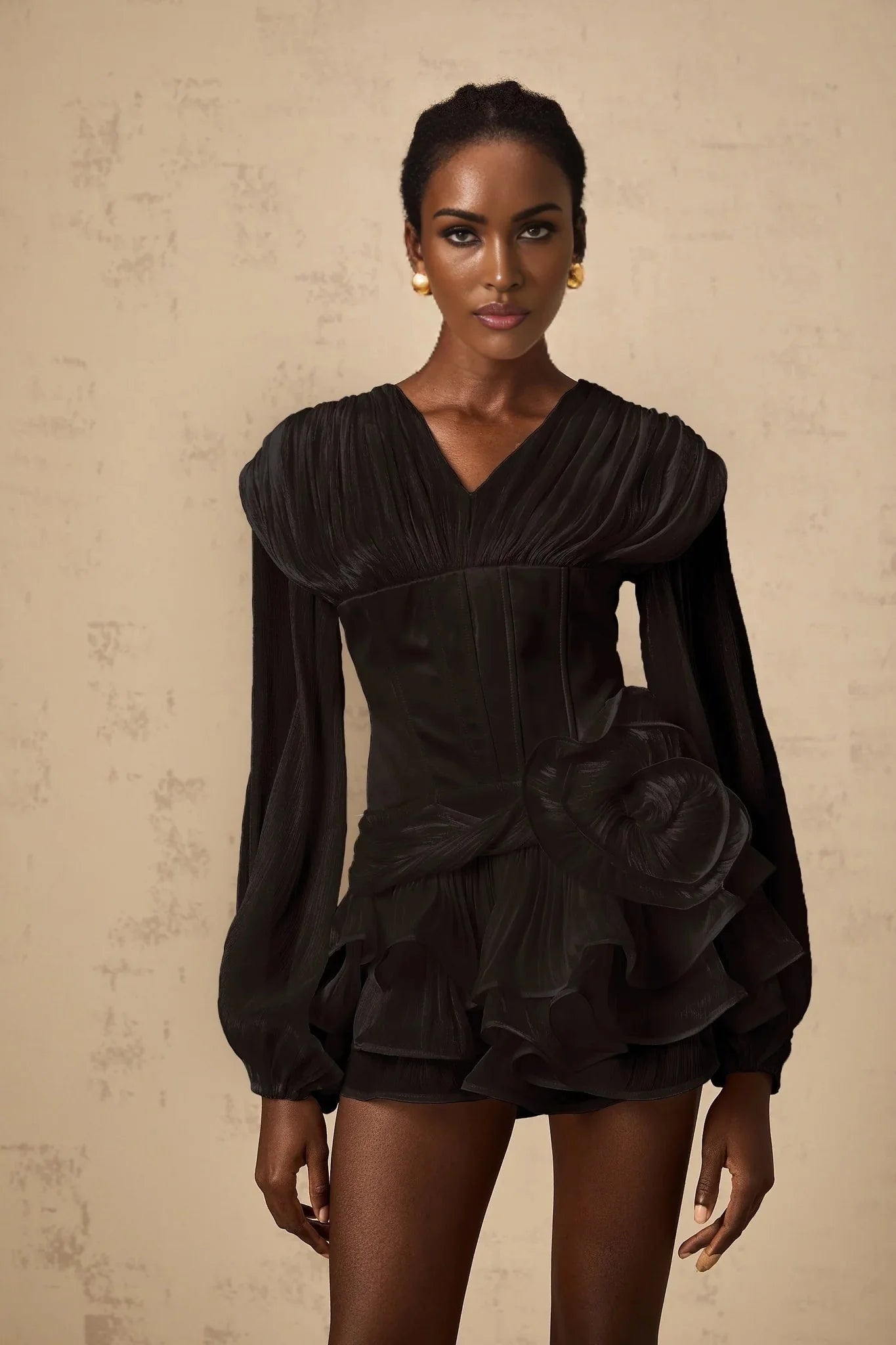 Licia Mini Dress Black Floral Lantern Sleeves Ruffled Glitter & Pleated