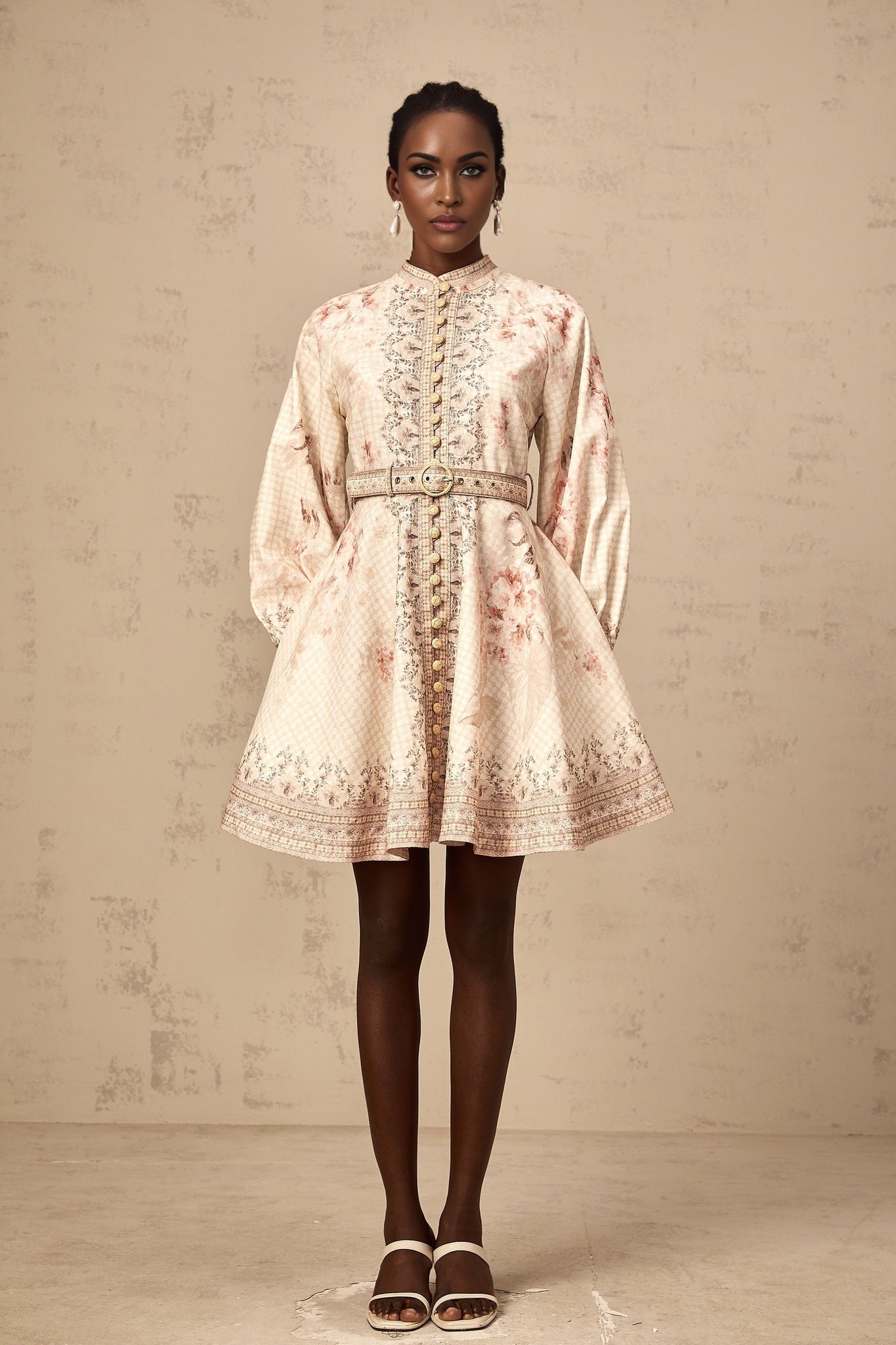 Licia Mini Dress Floral Print Belted Waist Front Button Fastening